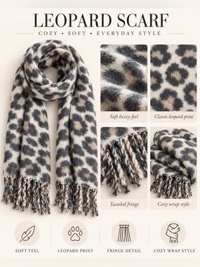 I AM LEOPARD PRINT OVERSIZED SCARF – GREY/GREAM (NEW WITH TAGS) A38